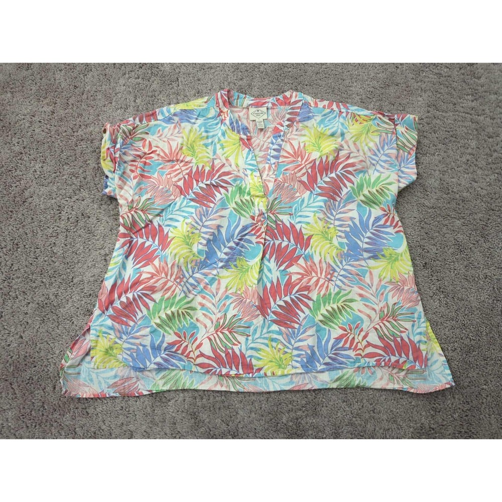 St John's Bay Blouse Womens L Tropical Short Sleeve V-Neck Popover Linen‎ Blend